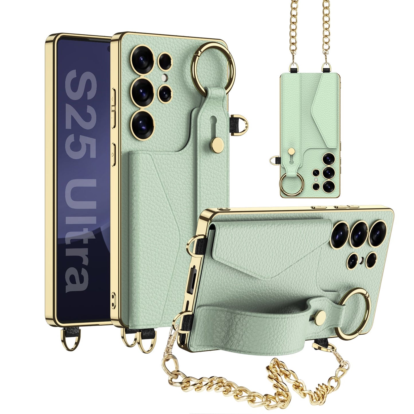 Electroplated Leather Wristband Card Holder Wallet Case for Galaxy S23 Ultra