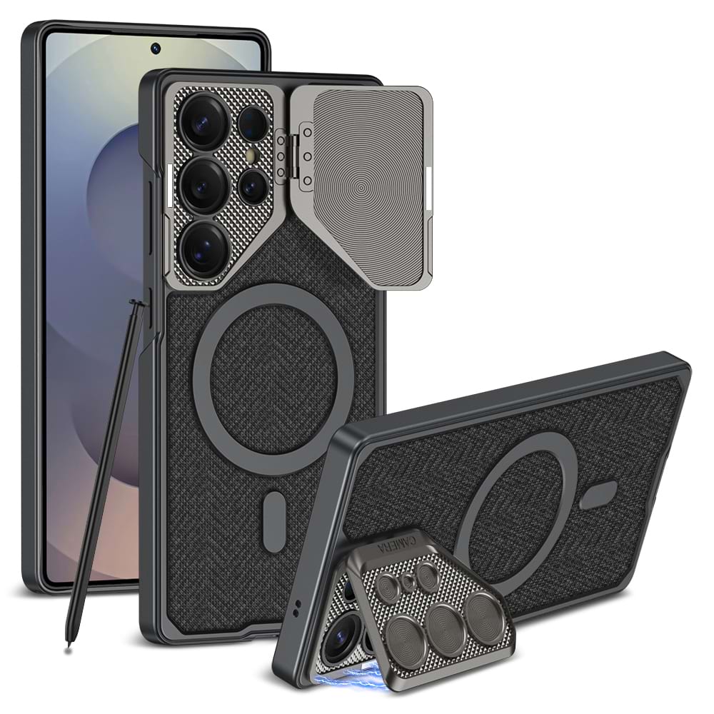 Magnetic Adjustable Camera Metal Kickstand Premium Rugged Protective Leather Case for Galaxy S23 Ultra