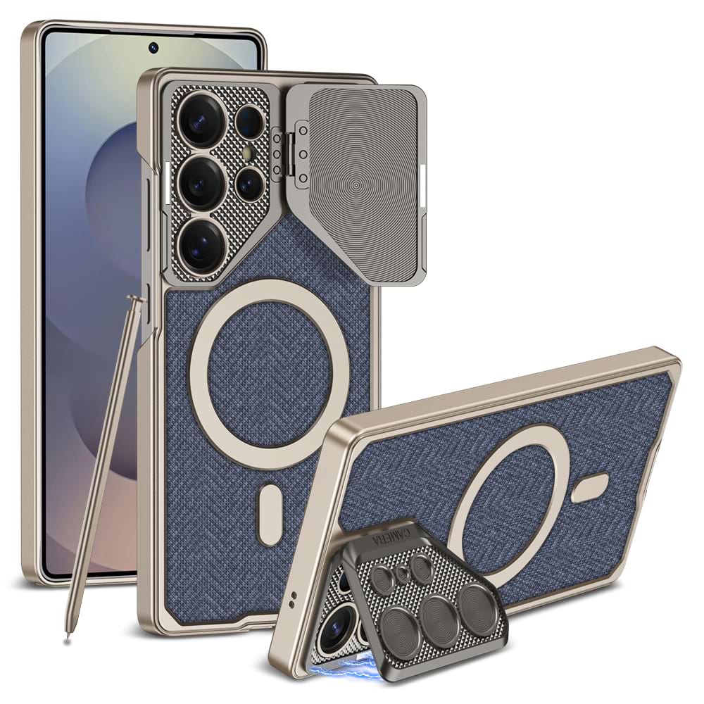 Magnetic Adjustable Camera Metal Kickstand Premium Rugged Protective Leather Case for Galaxy S23 Ultra