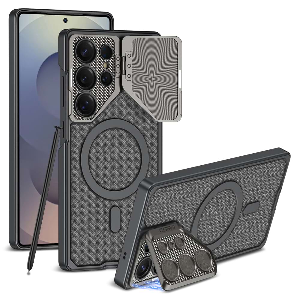 Magnetic Adjustable Camera Metal Kickstand Premium Rugged Protective Leather Case for Galaxy S23 Ultra