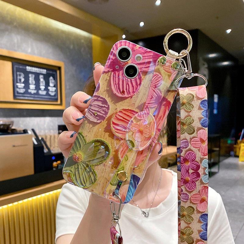 New Oil Painting Flower Wrist Holder With Lanyard iPhone Case - imhave