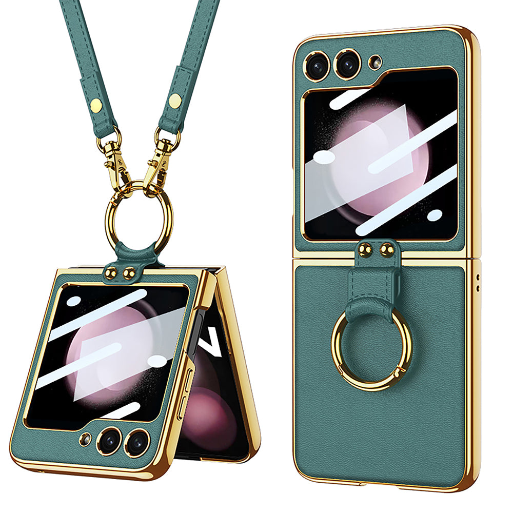 Original Leather Ring Back Screen Protector with Lanyard For Galaxy Z Flip5