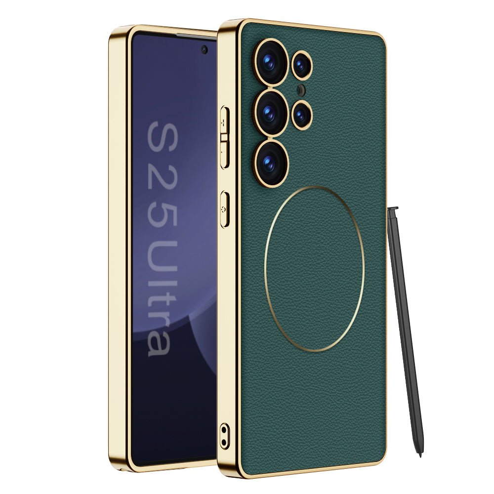 Magnetic Electroplated Gold-Frame Leather Case for Galaxy S23 Ultra