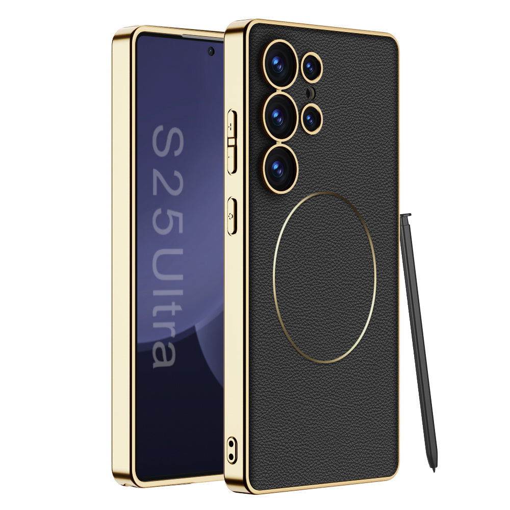 Magnetic Electroplated Gold-Frame Leather Case for Galaxy S23 Ultra