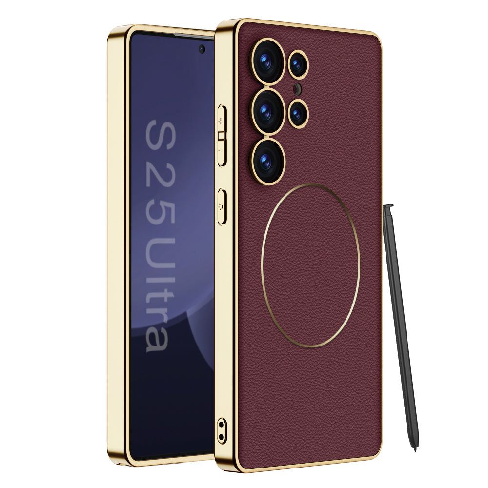 Magnetic Electroplated Gold-Frame Leather Case for Galaxy S23 Ultra