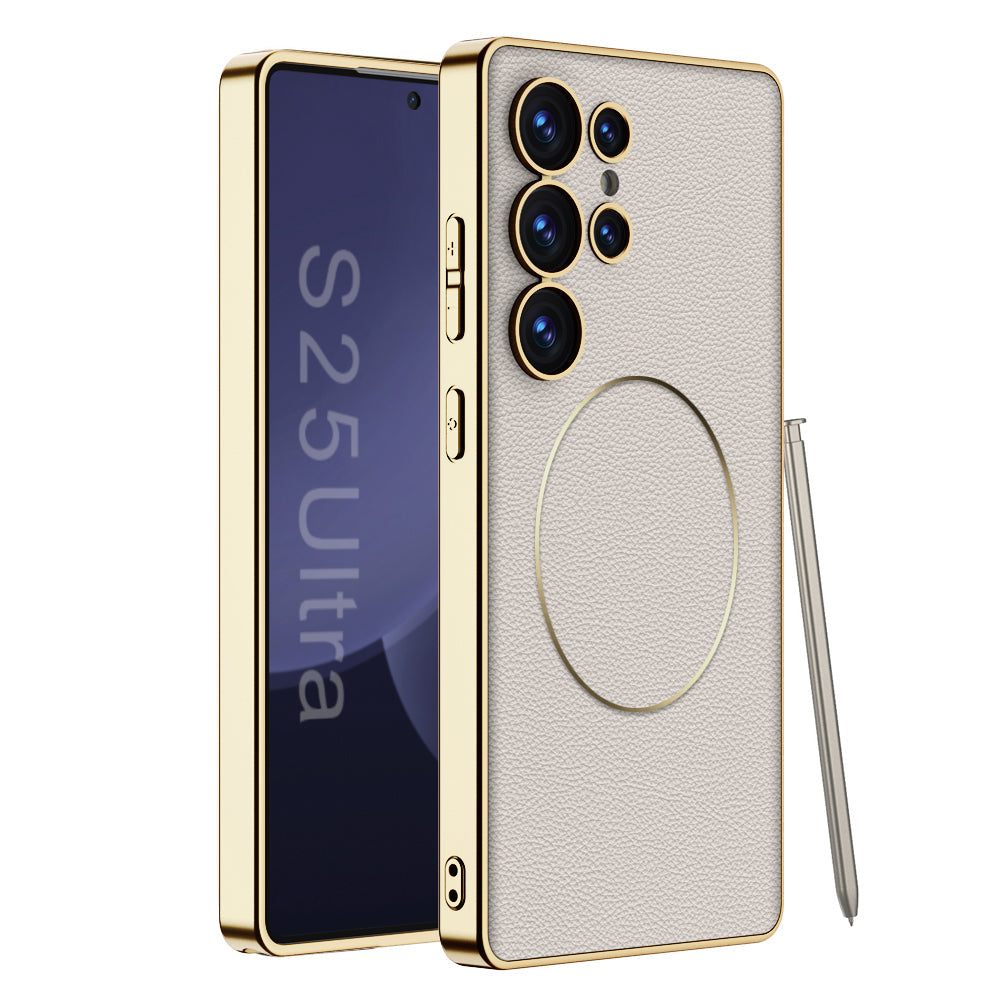 Magnetic Electroplated Gold-Frame Leather Case for Galaxy S23 Ultra