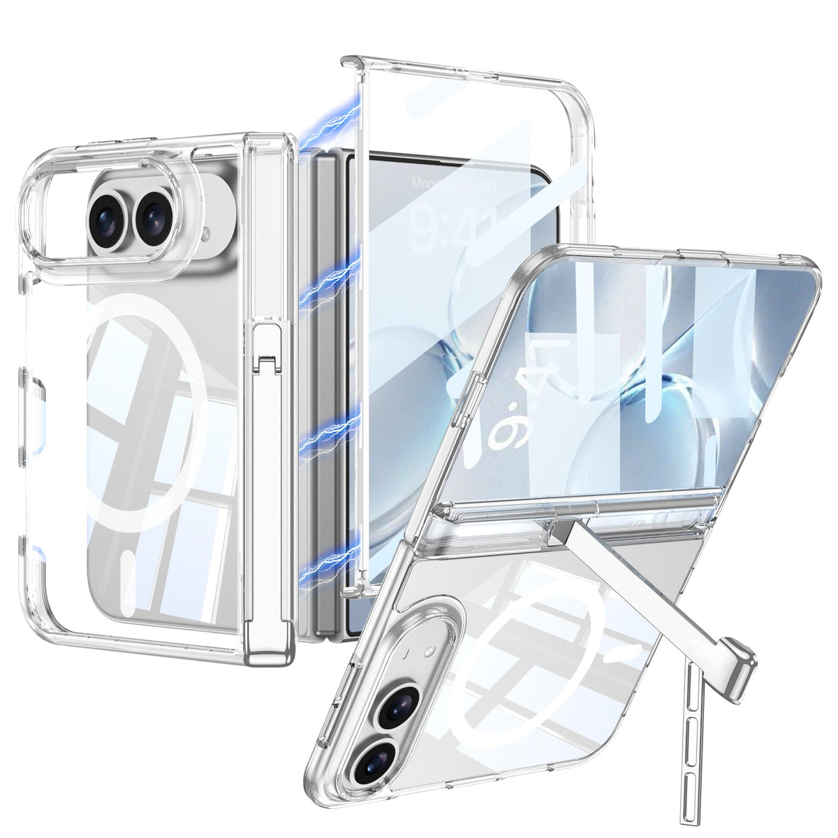 iPhone Duo - Magnetic Hinge Protection Clear Cover Built-in Tempered Glass Film & Tri?Fold Kickstand & Magnetic Ring