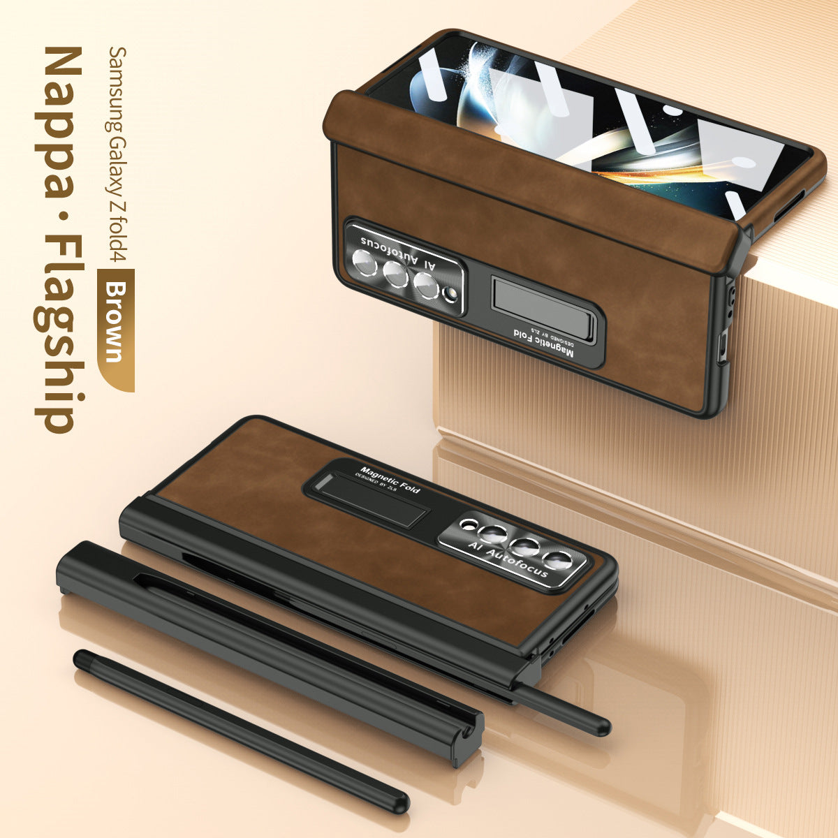 Magnetic Hinge Premium Leather Cover Back Screen Protector Samsung Galaxy Z Fold4 Fold3 Case With S-Pen Slot & Stylus