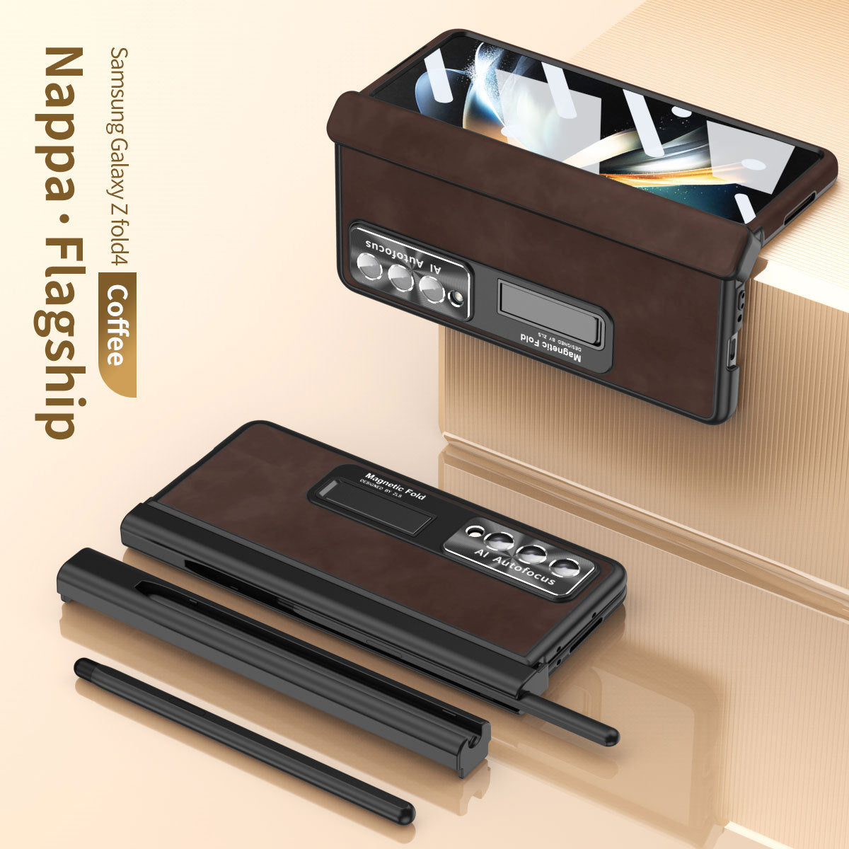 Magnetic Hinge Premium Leather Cover Back Screen Protector Samsung Galaxy Z Fold4 Fold3 Case With S-Pen Slot & Stylus