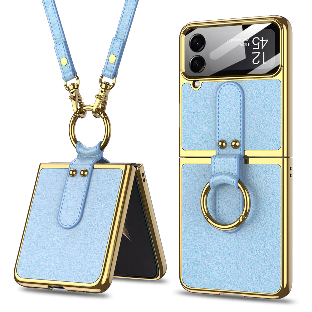 Original Leather Ring Back Screen Protector with Lanyard For Galaxy Z Flip4