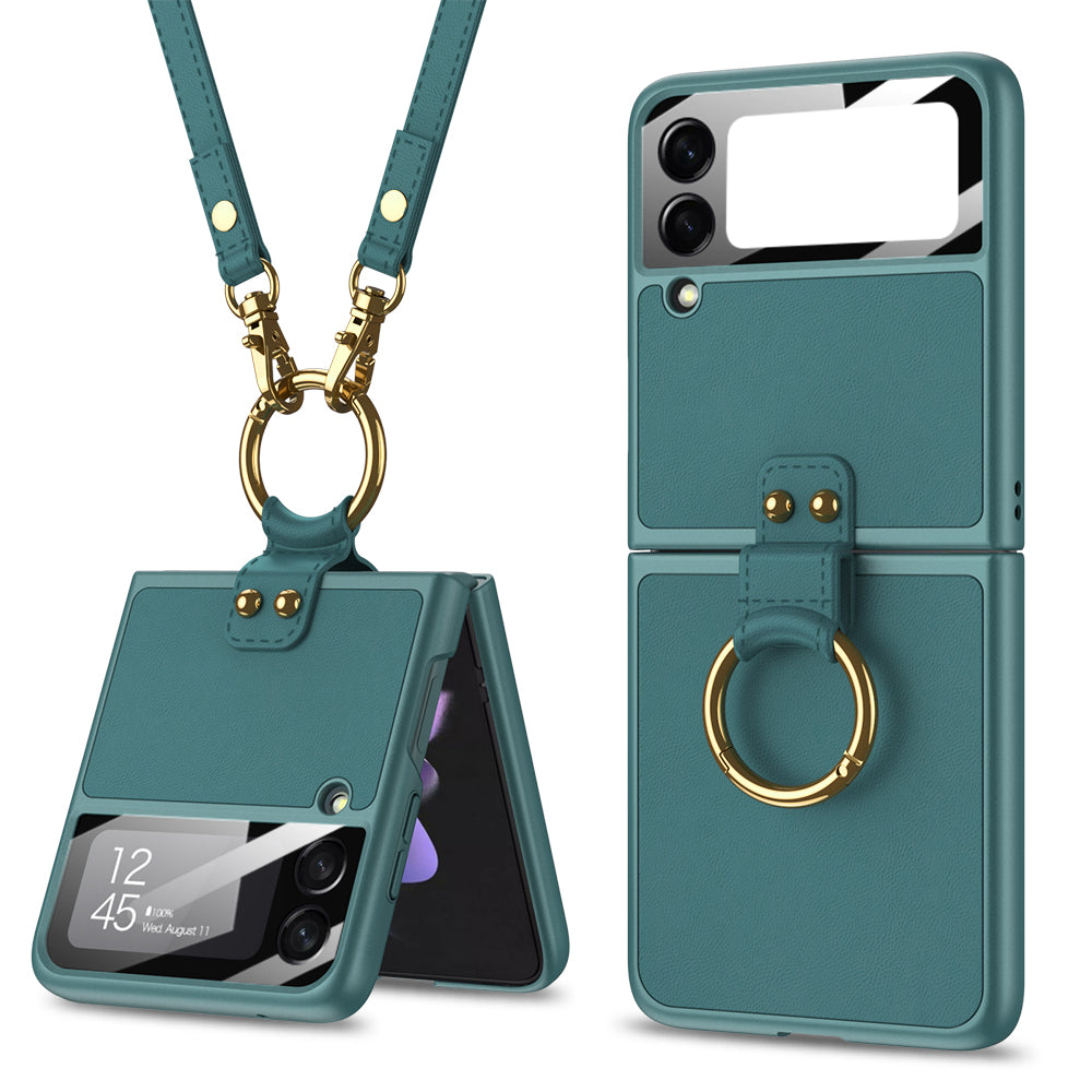 Leather Ring Bracket Case with Lanyard for Samsung Galaxy Z Flip 3/4/5