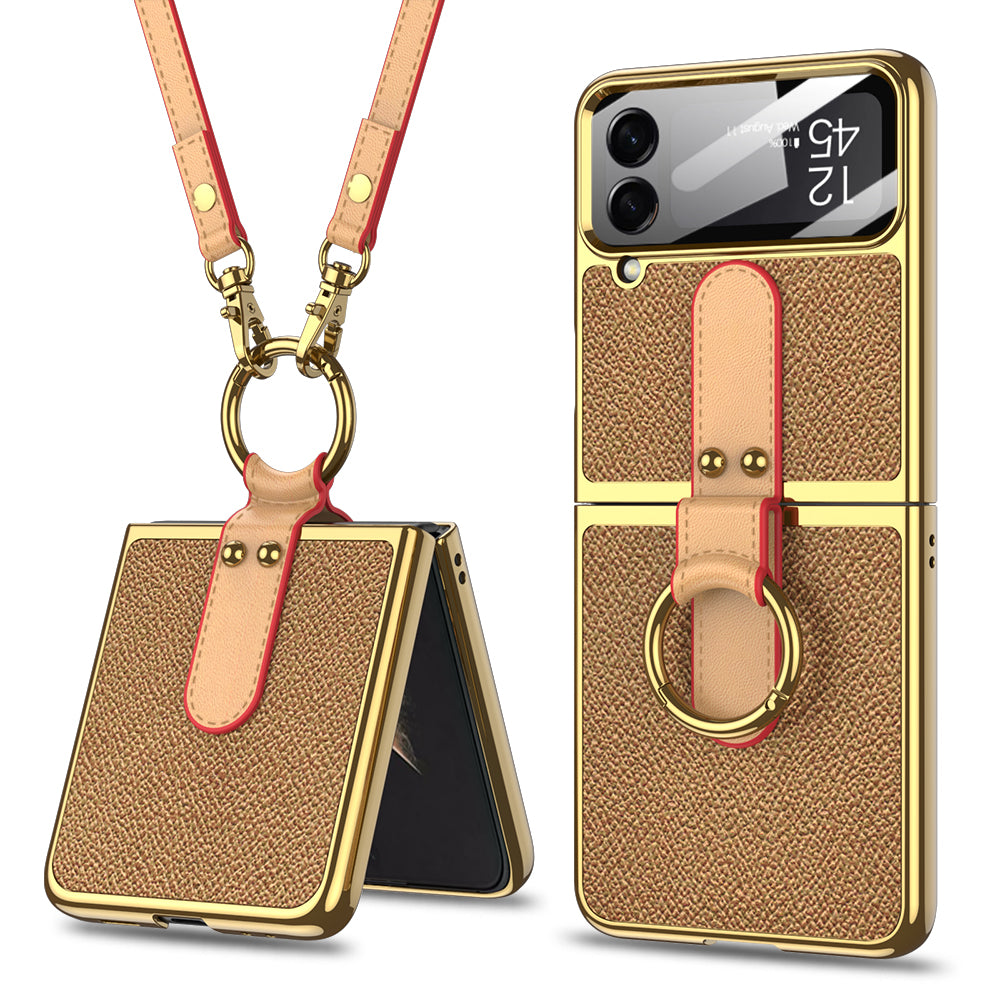 Original Leather Back Screen Tempered Glass Hard Frame Cover For Samsung Z Flip 3/4/5 With Lanyard