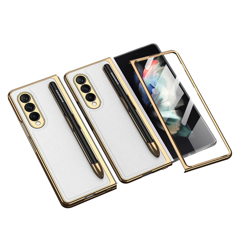 Electroplated Frame Leather Tempered Film Case with S Pen Slot for Galaxy Z Fold3