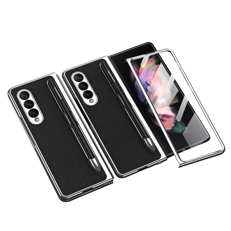 Electroplated Frame Leather Tempered Film Case with S Pen Slot for Galaxy Z Fold3