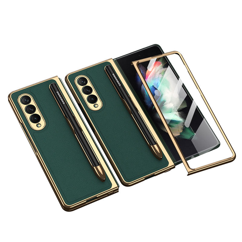 Electroplated Frame Leather Tempered Film Case with S Pen Slot for Galaxy Z Fold3