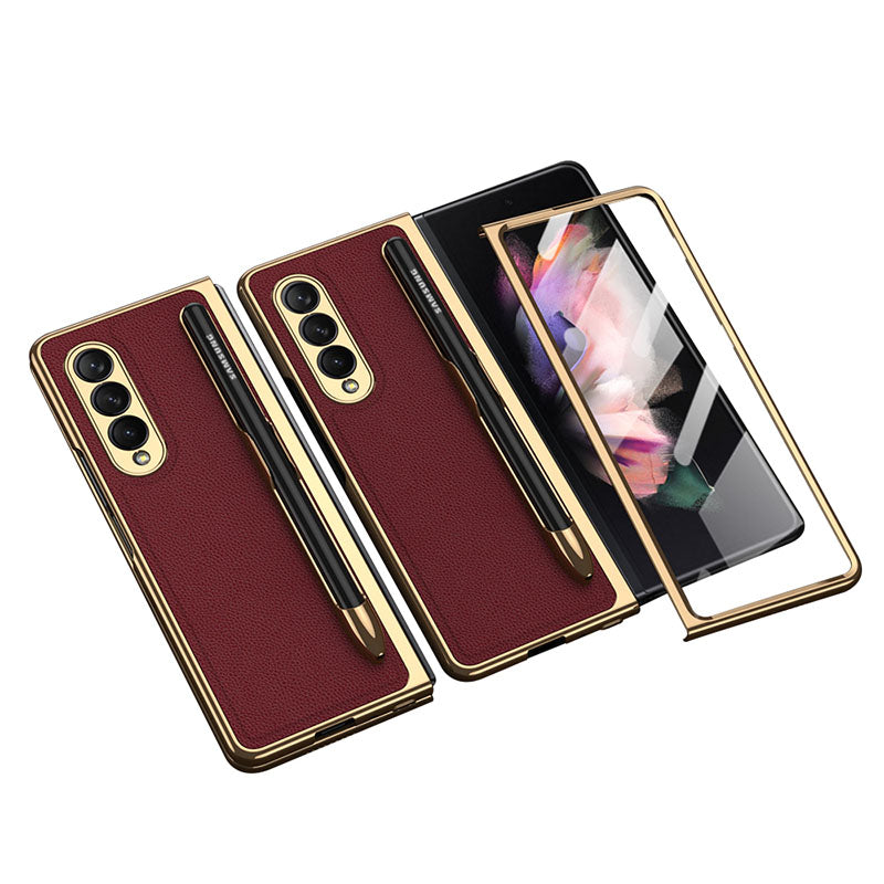 Electroplated Frame Leather Tempered Film Case with S Pen Slot for Galaxy Z Fold3