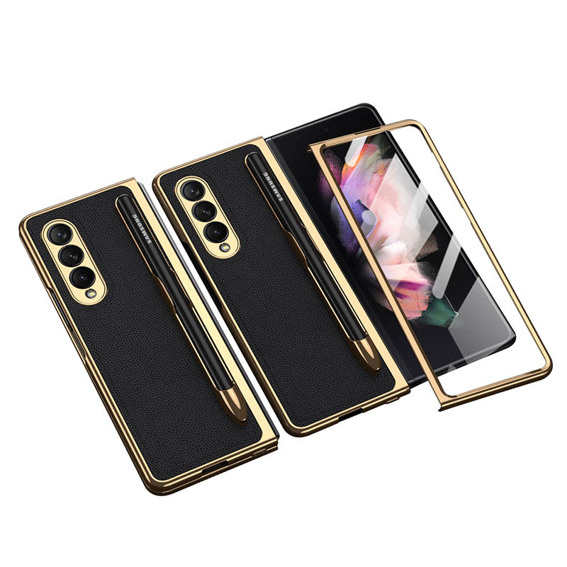 Electroplated Frame Leather Tempered Film Case with S Pen Slot for Galaxy Z Fold3