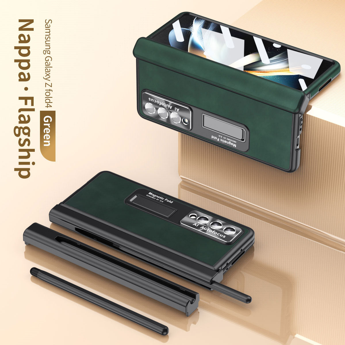 Magnetic Hinge Premium Leather Cover Back Screen Protector Samsung Galaxy Z Fold4 Fold3 Case With S-Pen Slot & Stylus