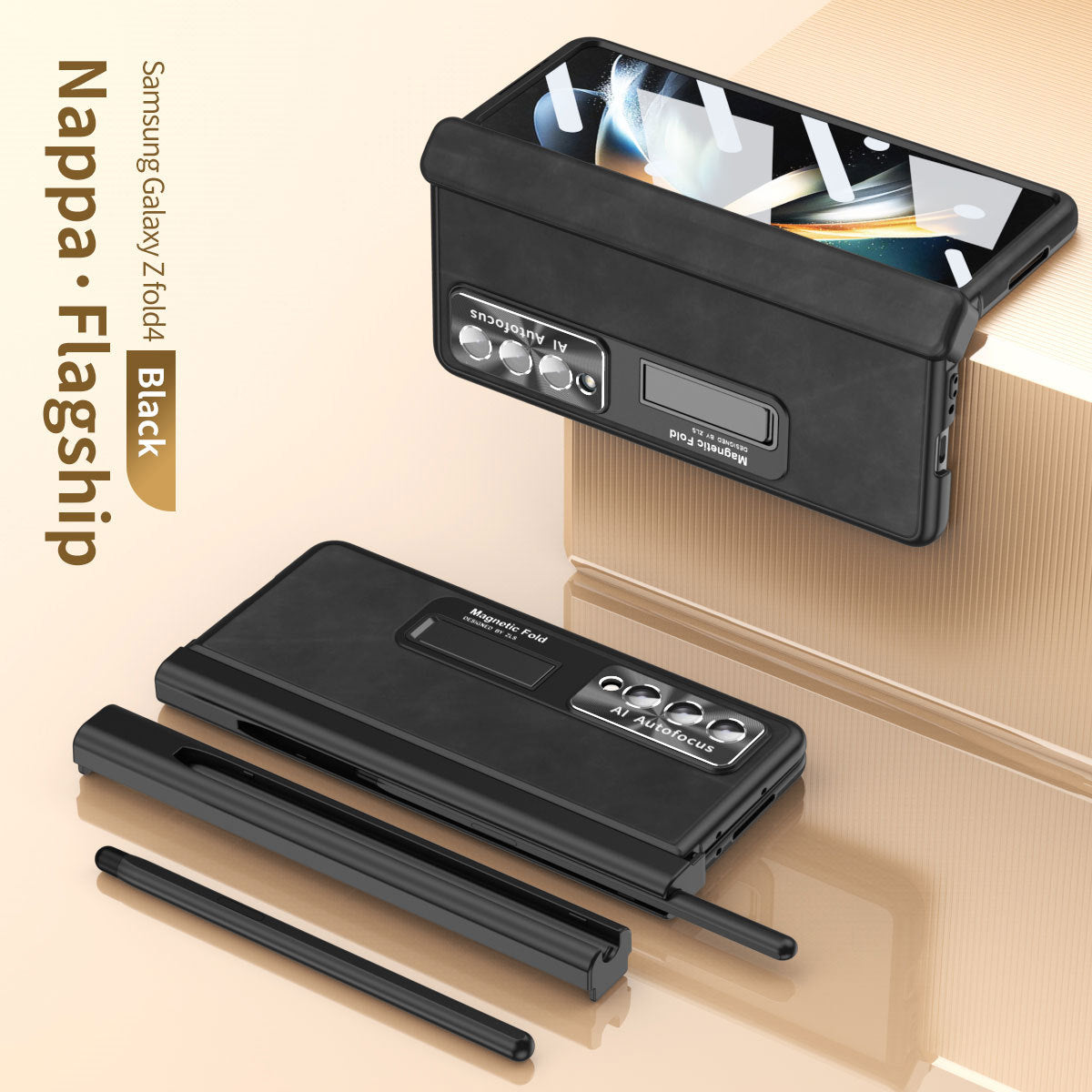 Magnetic Hinge Premium Leather Cover Back Screen Protector Samsung Galaxy Z Fold4 Fold3 Case With S-Pen Slot & Stylus