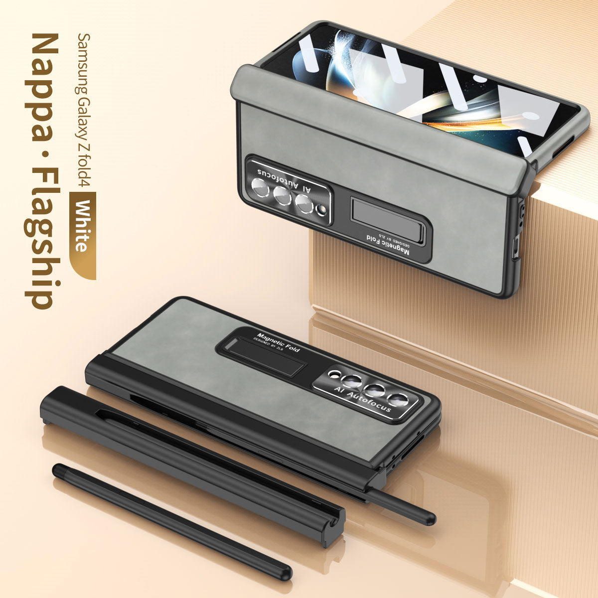 Magnetic Hinge Premium Leather Cover Back Screen Protector Samsung Galaxy Z Fold4 Fold3 Case With S-Pen Slot & Stylus