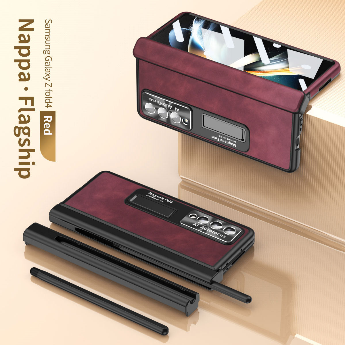 Magnetic Hinge Premium Leather Cover Back Screen Protector Samsung Galaxy Z Fold4 Fold3 Case With S-Pen Slot & Stylus