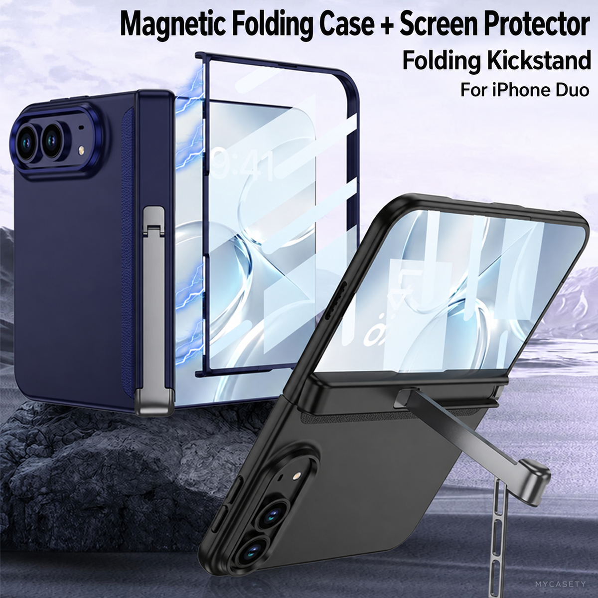 iPhone Duo - Magnetic Hinge Protection Business Cover Built-in Tempered Glass Film & Tri?Fold Side Kickstand