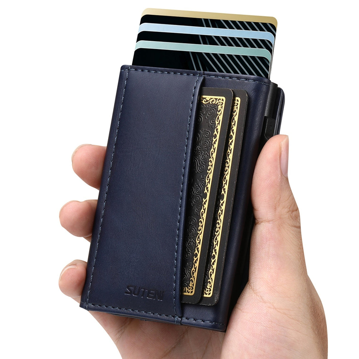 Faux Leather Pop-Up Card Wallet with RFID Blocking & Cash Pocket & Push-Button Pop-Up