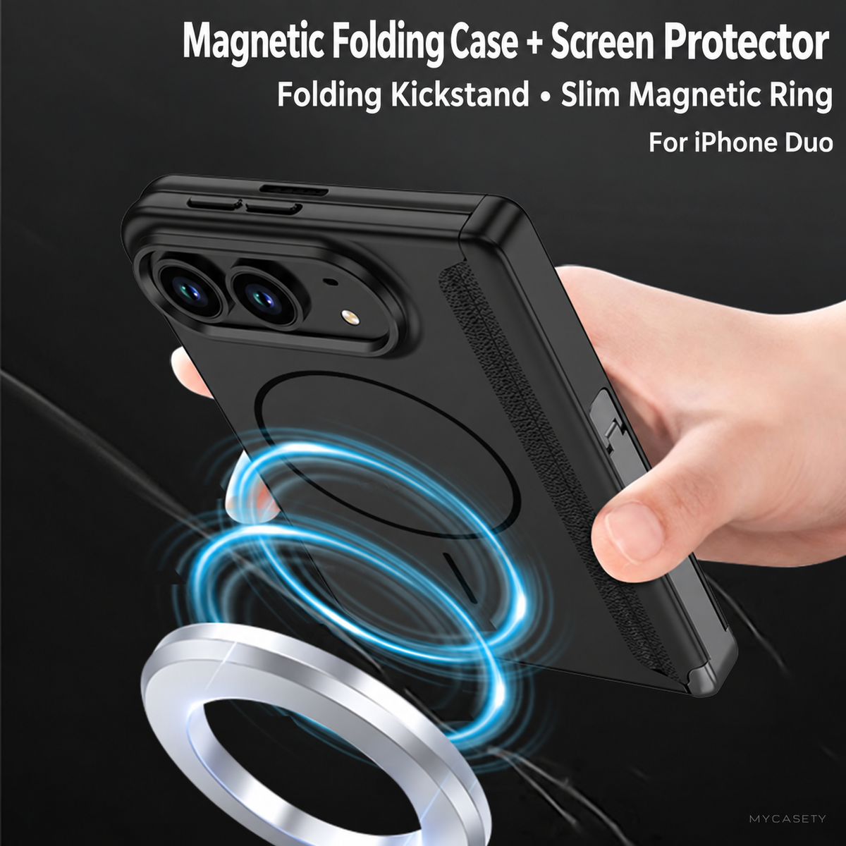 iPhone Duo - Magnetic Hinge Protection Business Cover Built-in Tempered Glass Film & Tri?Fold Kickstand & Magnetic Ring