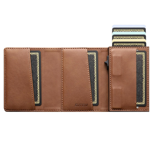 Faux Leather Pop-Up Card Wallet with RFID Blocking & Cash Pocket & Push-Button Pop-Up
