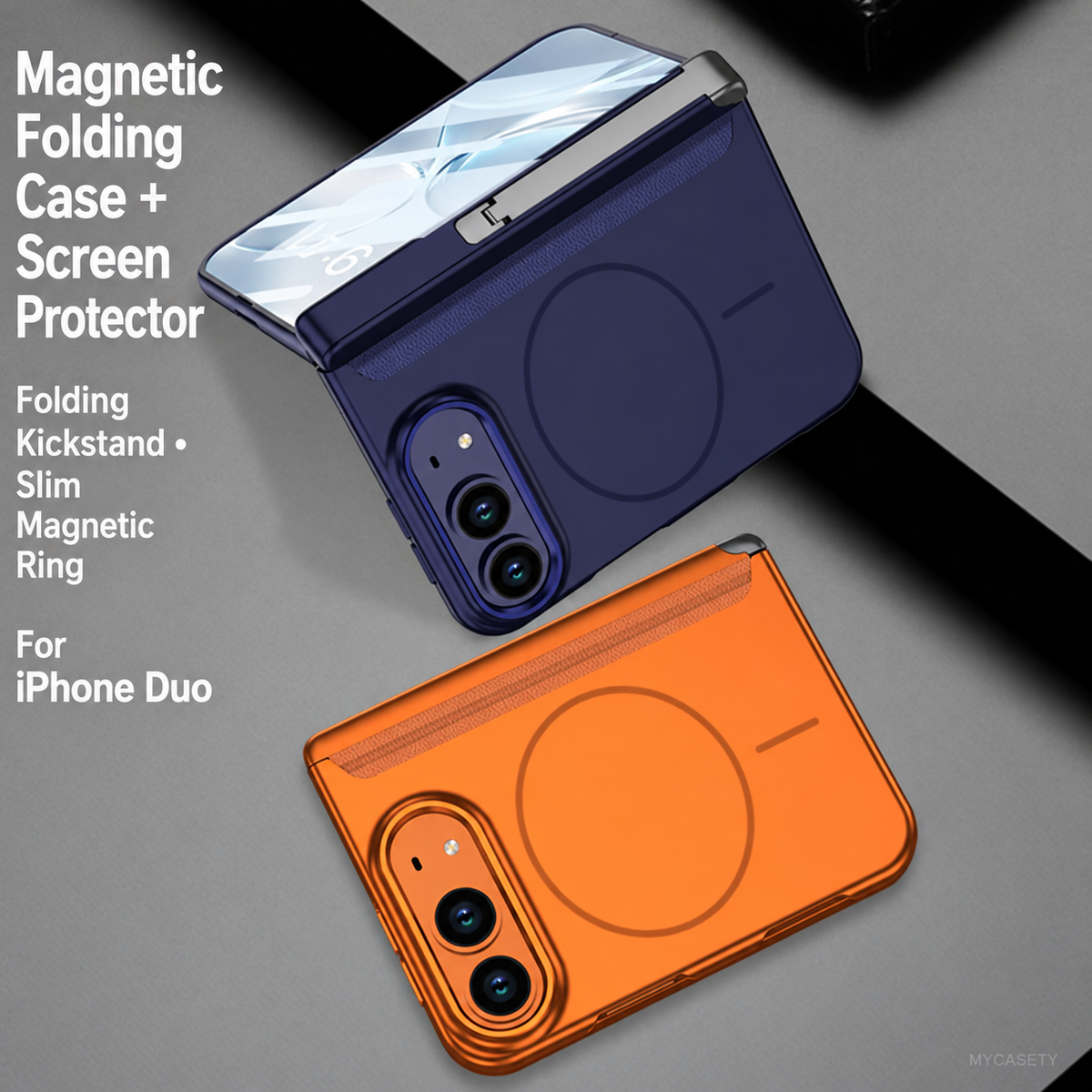 iPhone Duo - Magnetic Hinge Protection Business Cover Built-in Tempered Glass Film & Tri?Fold Kickstand & Magnetic Ring