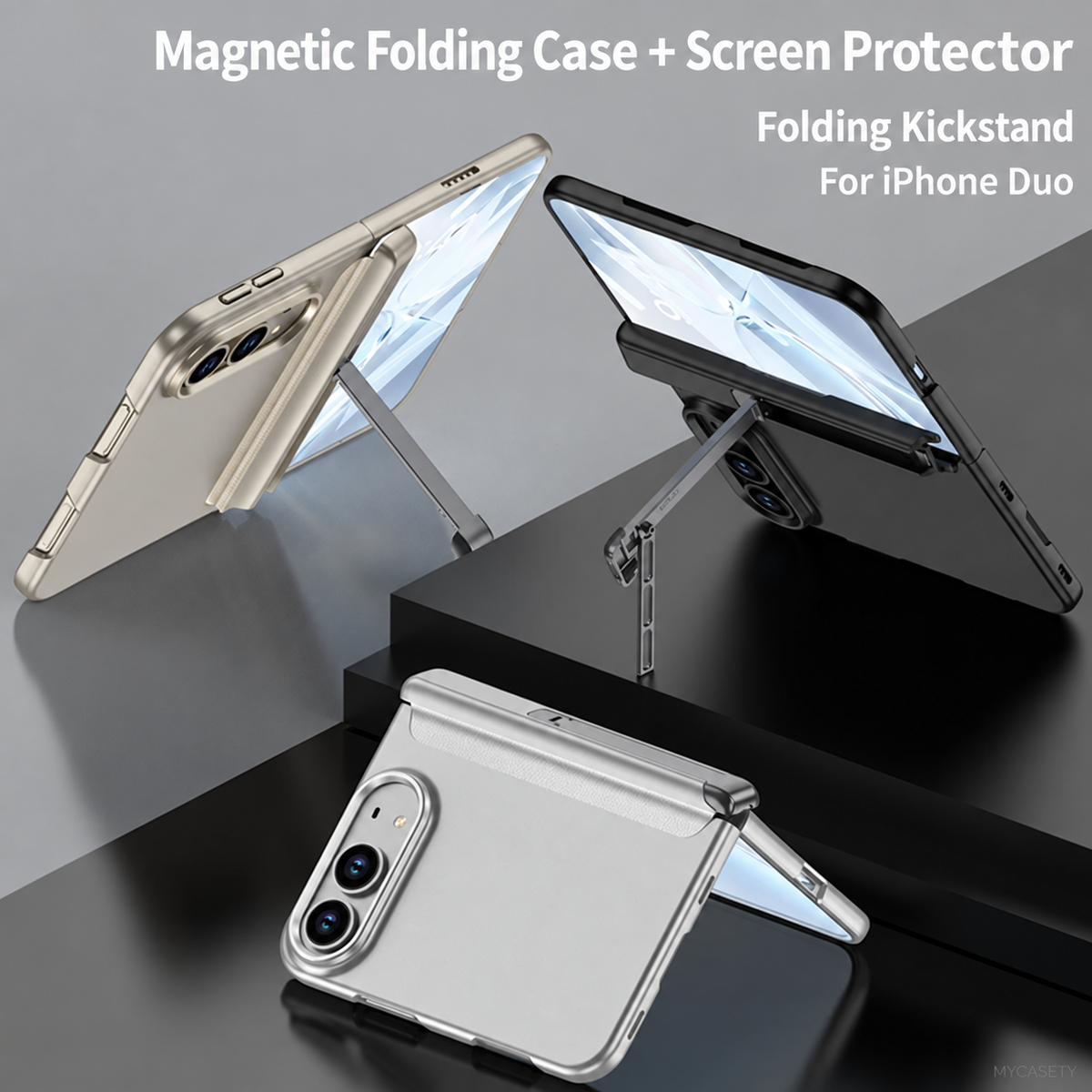 iPhone Duo - Magnetic Hinge Protection Business Cover Built-in Tempered Glass Film & Tri?Fold Side Kickstand