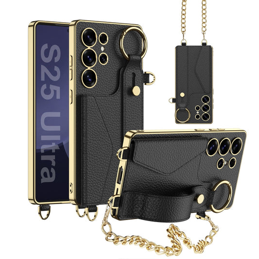 Electroplated Leather Wristband Card Holder Wallet Case for Galaxy S24 Ultra