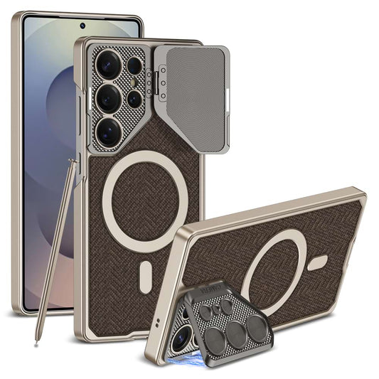 Magnetic Adjustable Camera Metal Kickstand Premium Rugged Protective Leather Case for Galaxy S23 Ultra