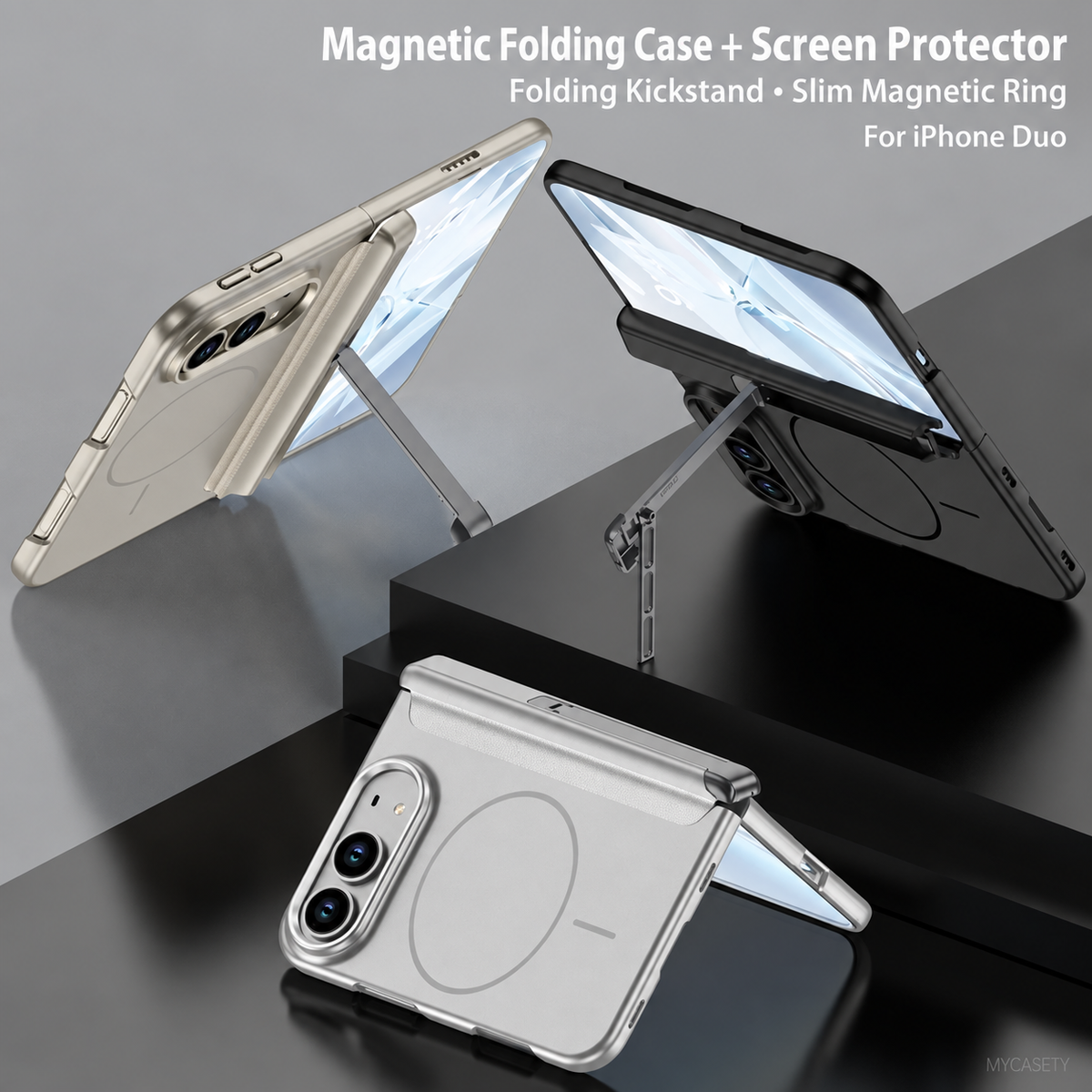 iPhone Duo - Magnetic Hinge Protection Business Cover Built-in Tempered Glass Film & Tri?Fold Kickstand & Magnetic Ring