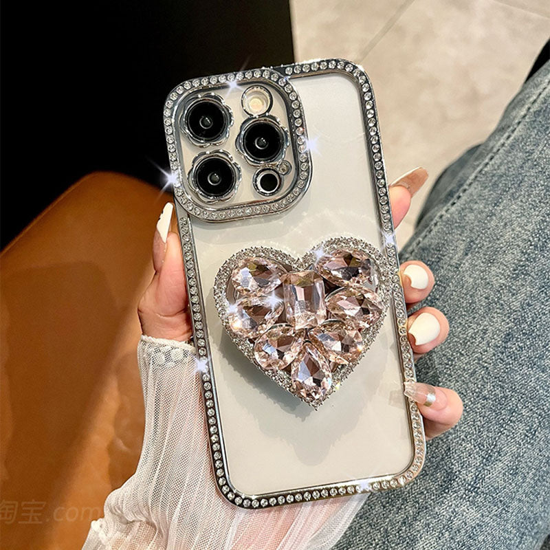Light Luxury Electroplating Rhinestone Love Bracket iPhone Case
