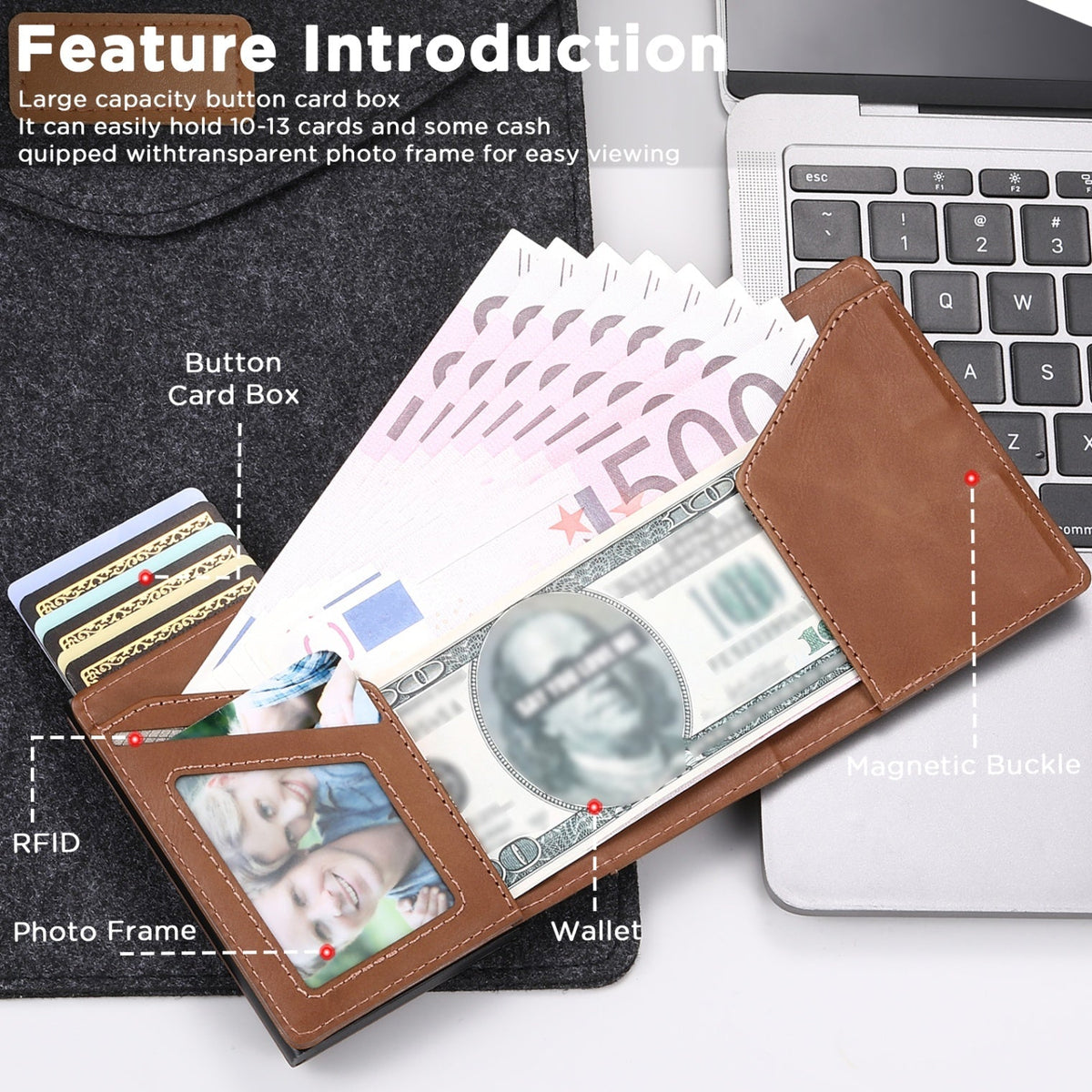 Faux Leather Pop-Up Card Wallet with RFID Blocking & Cash Pocket & Push-Button Pop-Up