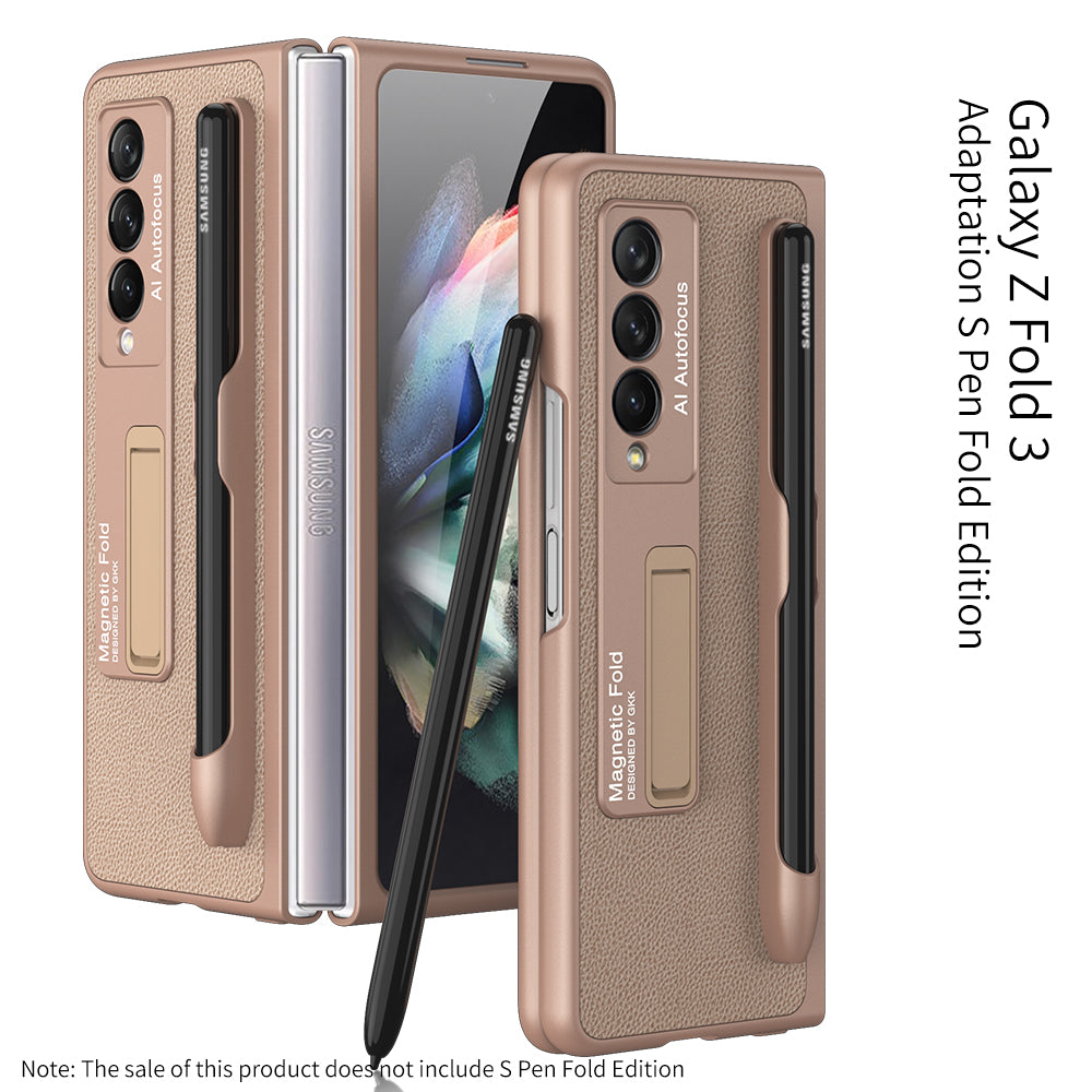 Leather Magnetic Metal Kickstand S Pen Slot Case for Galaxy Z Fold3