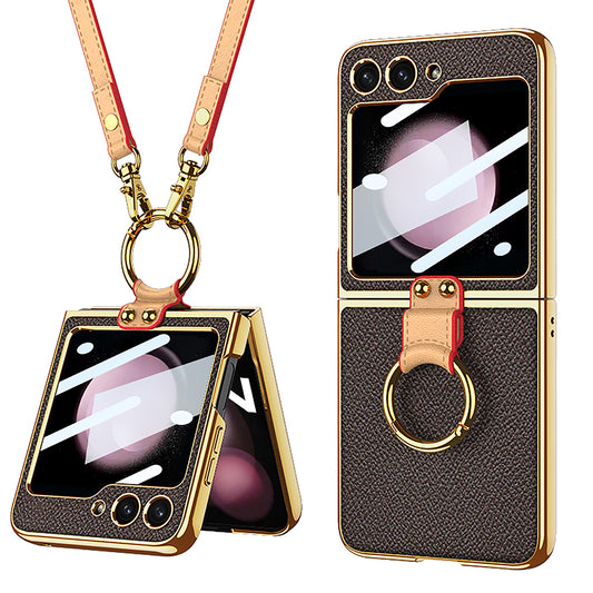 Original Leather Ring Back Screen Protector with Lanyard For Galaxy Z Flip5