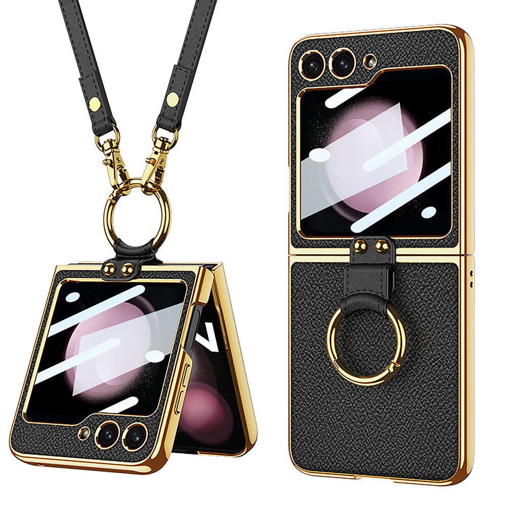 Original Leather Ring Back Screen Protector with Lanyard For Galaxy Z Flip5