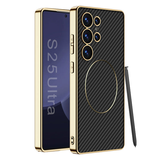 Magnetic Electroplated Gold-Frame Leather Case for Galaxy S23 Ultra