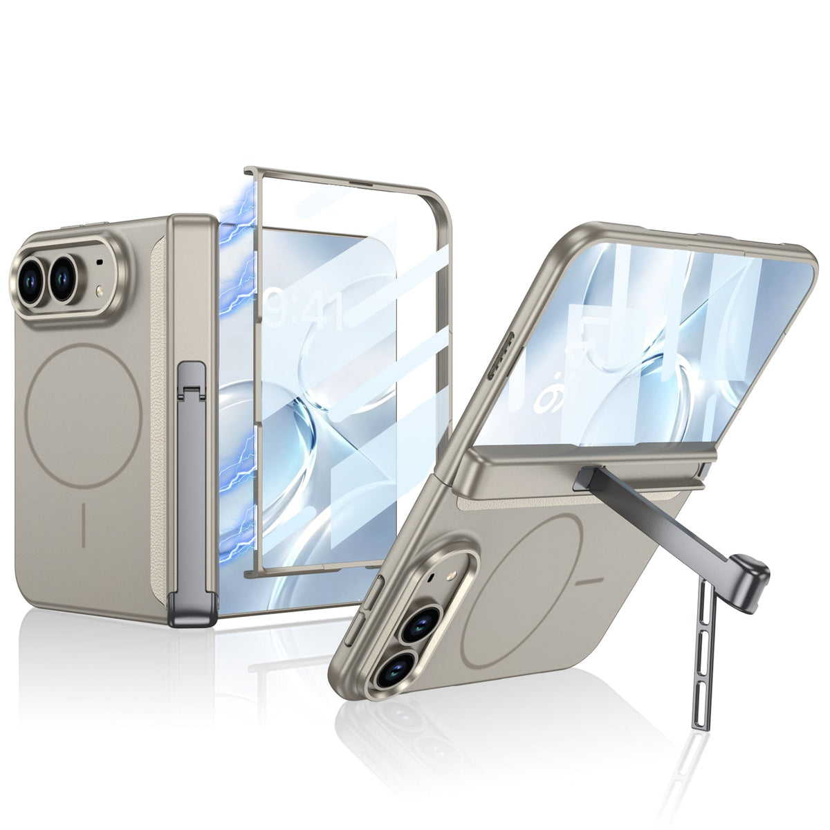 iPhone Duo - Magnetic Hinge Protection Business Cover Built-in Tempered Glass Film & Tri?Fold Kickstand & Magnetic Ring