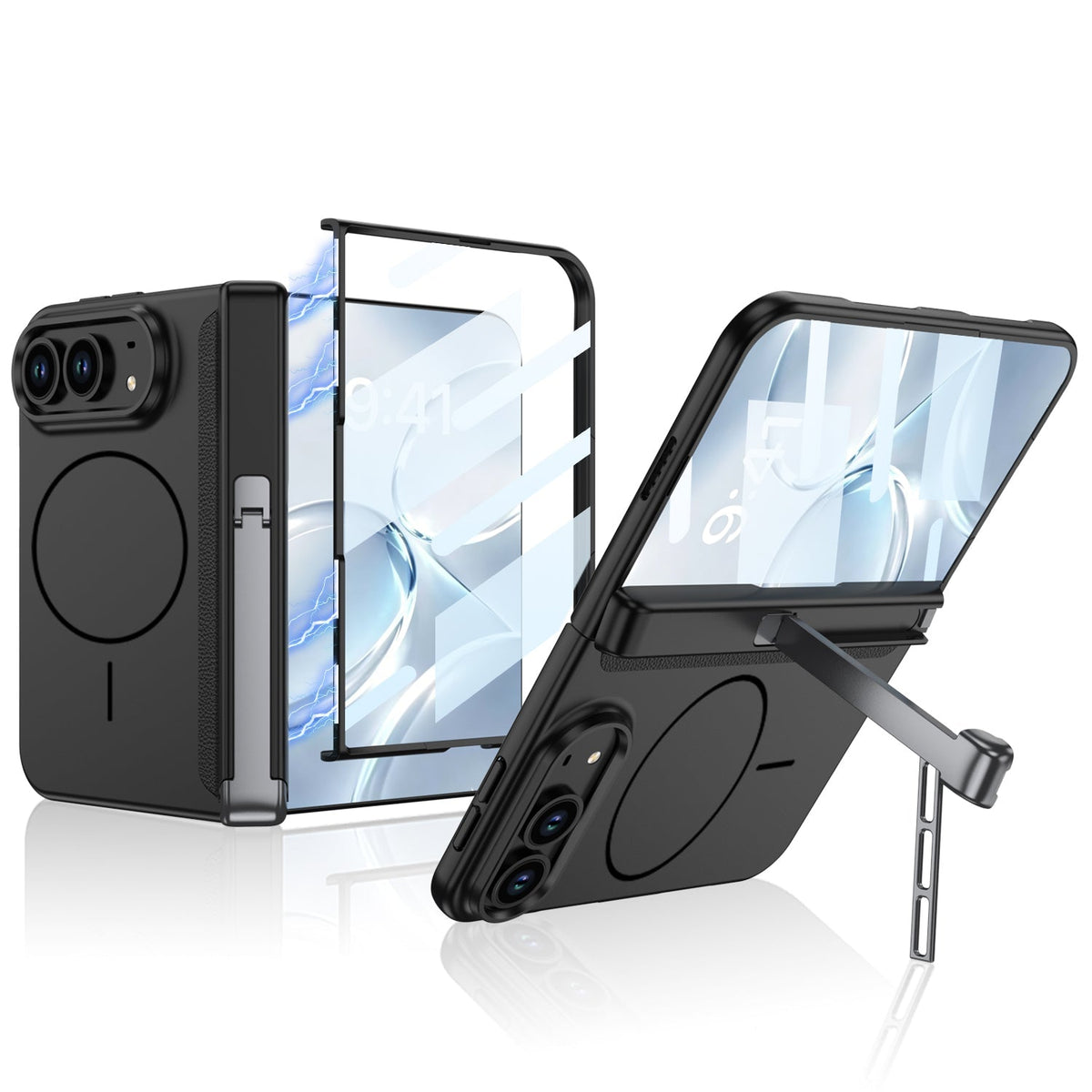 iPhone Duo - Magnetic Hinge Protection Business Cover Built-in Tempered Glass Film & Tri?Fold Kickstand & Magnetic Ring