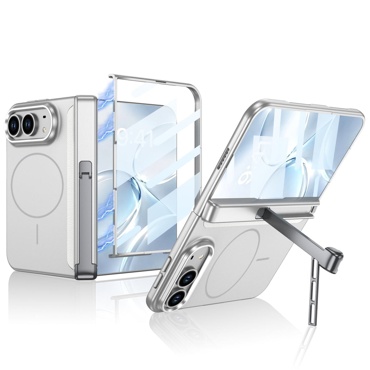 iPhone Duo - Magnetic Hinge Protection Business Cover Built-in Tempered Glass Film & Tri?Fold Kickstand & Magnetic Ring
