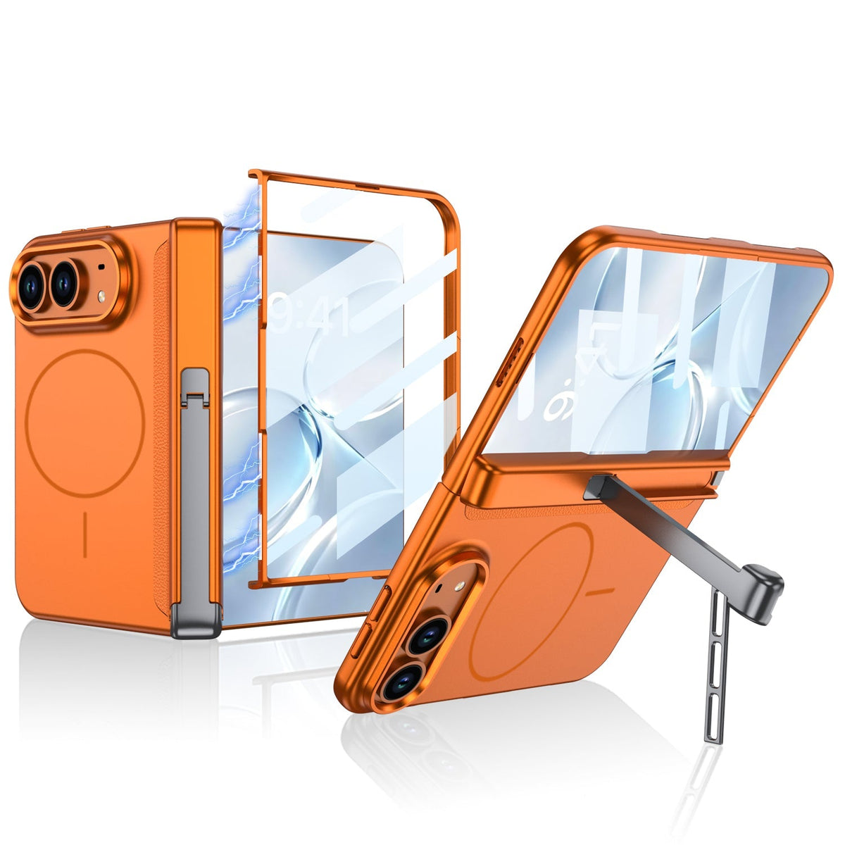 iPhone Duo - Magnetic Hinge Protection Business Cover Built-in Tempered Glass Film & Tri?Fold Kickstand & Magnetic Ring