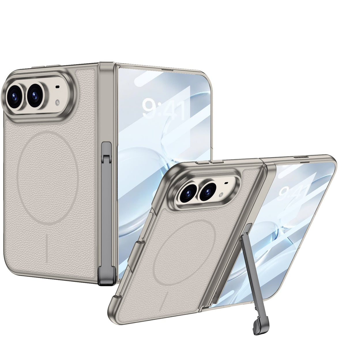 iPhone Duo - Magnetic Hinge Protection Leather Cover Built-in Tempered Glass Film & Tri?Fold Kickstand & Magnetic Ring