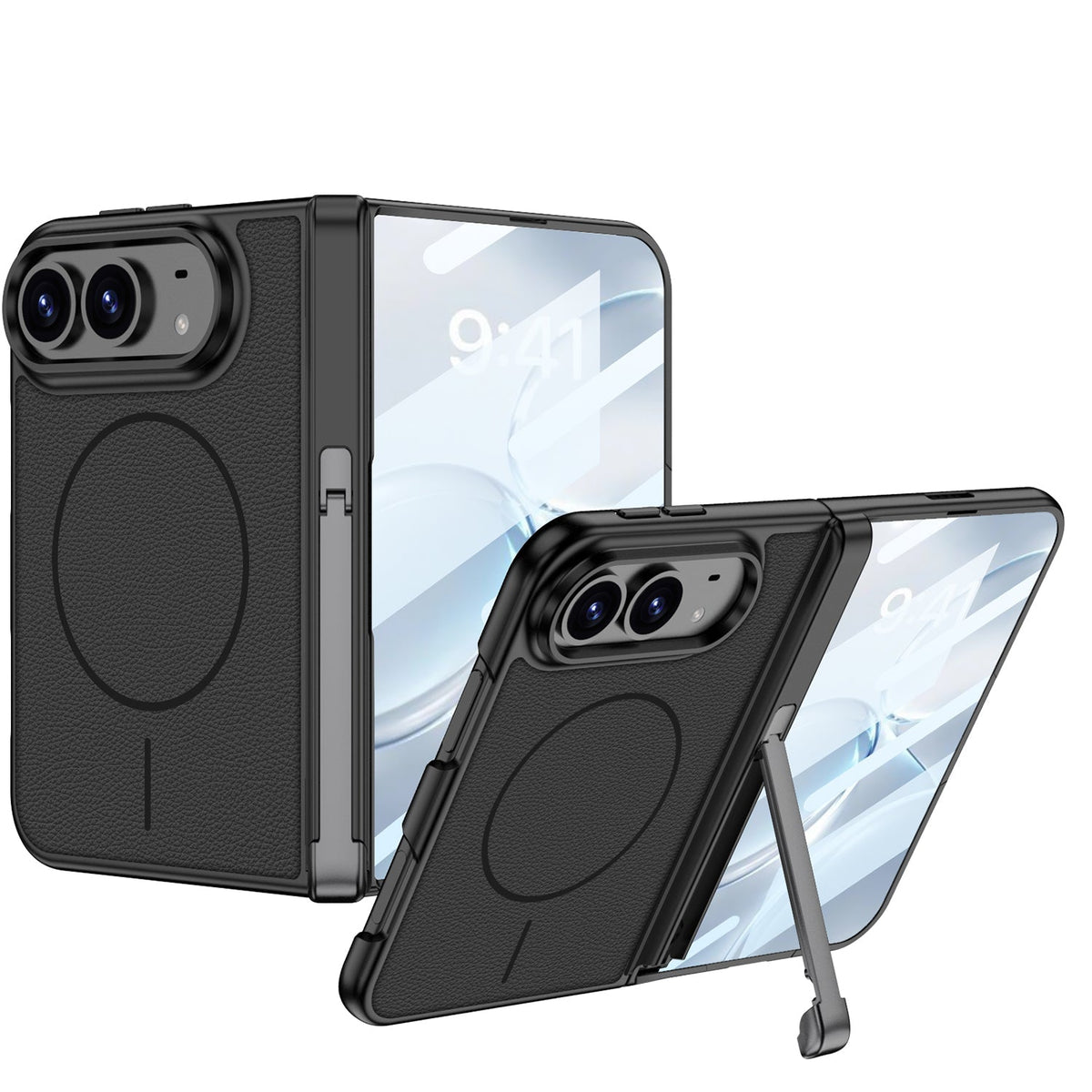 iPhone Duo - Magnetic Hinge Protection Leather Cover Built-in Tempered Glass Film & Tri?Fold Kickstand & Magnetic Ring