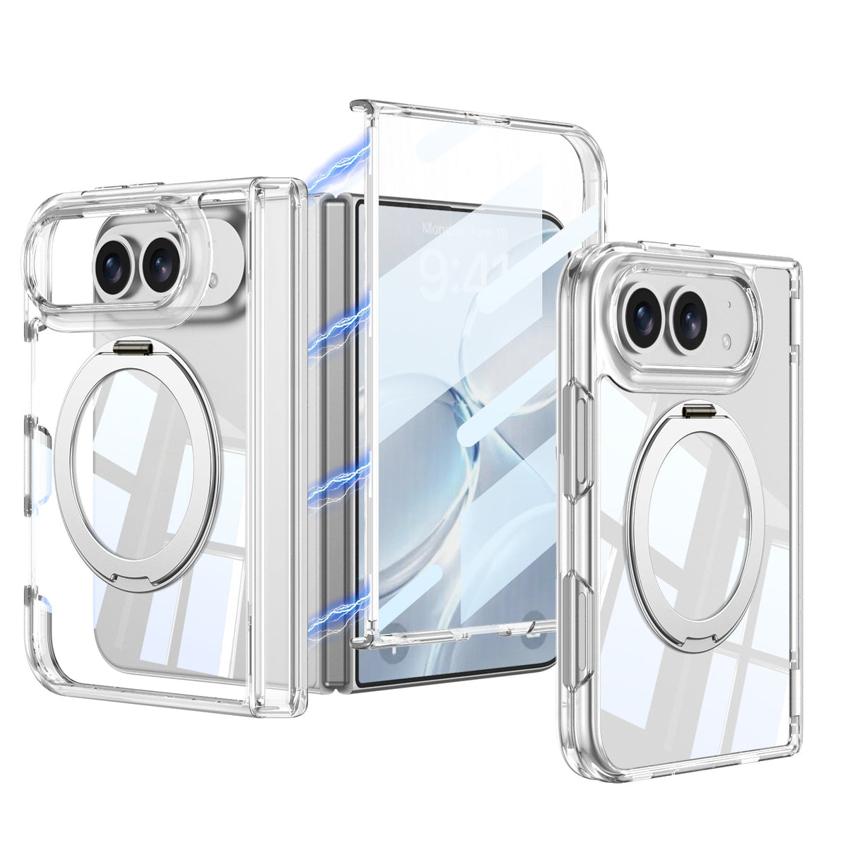 iPhone Duo - Magnetic Hinge Protection Clear Cover Built-in Tempered Glass Film & 360?? Rotatable Magnetic Ring Kickstand
