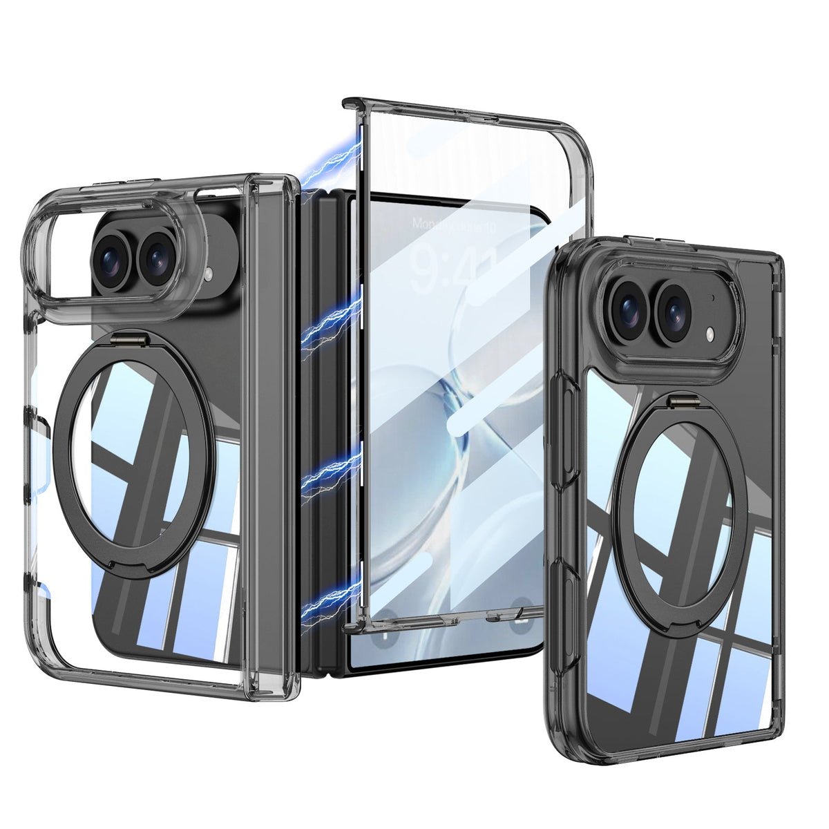 iPhone Duo - Magnetic Hinge Protection Clear Cover Built-in Tempered Glass Film & 360?? Rotatable Magnetic Ring Kickstand