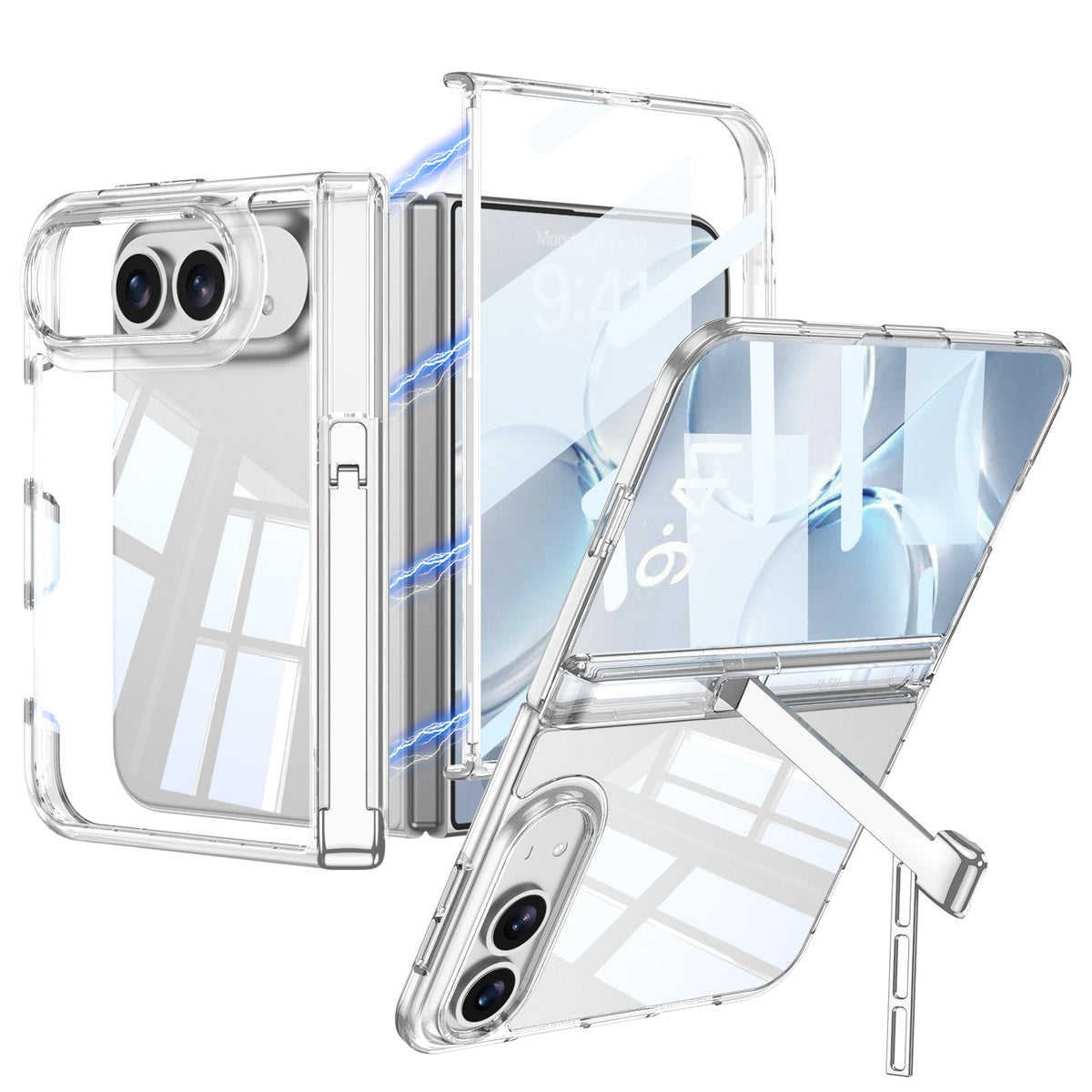iPhone Duo - Magnetic Hinge Protection Clear Cover Built-in Tempered Glass Film & Tri?Fold Kickstand