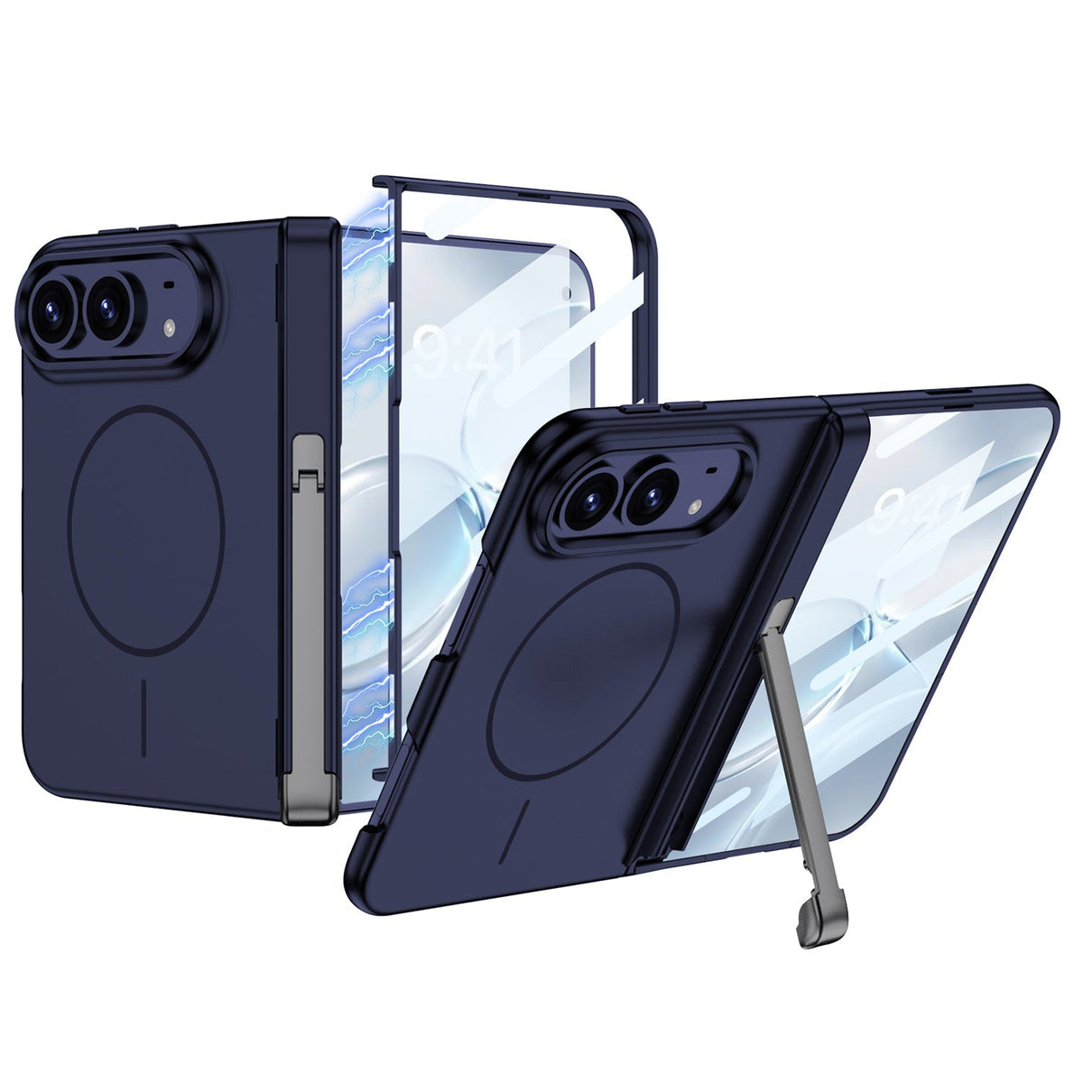 iPhone Duo - Magnetic Hinge Protection Fashion Cover Built-in Tempered Glass Film & Tri?Fold Kickstand & Magnetic Ring